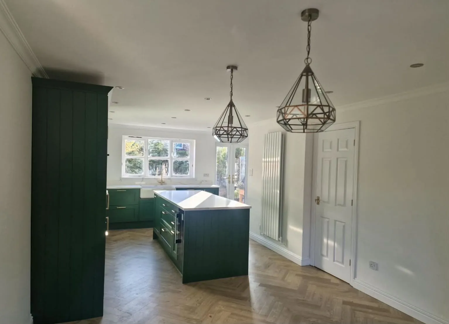 Green shaker kitchen island herringbone 21 – kitchen fitting by JCK Carpentry & Building, Exeter