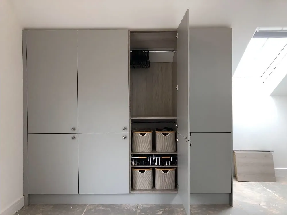 Grey fitted wardrobes with baskets, Exeter