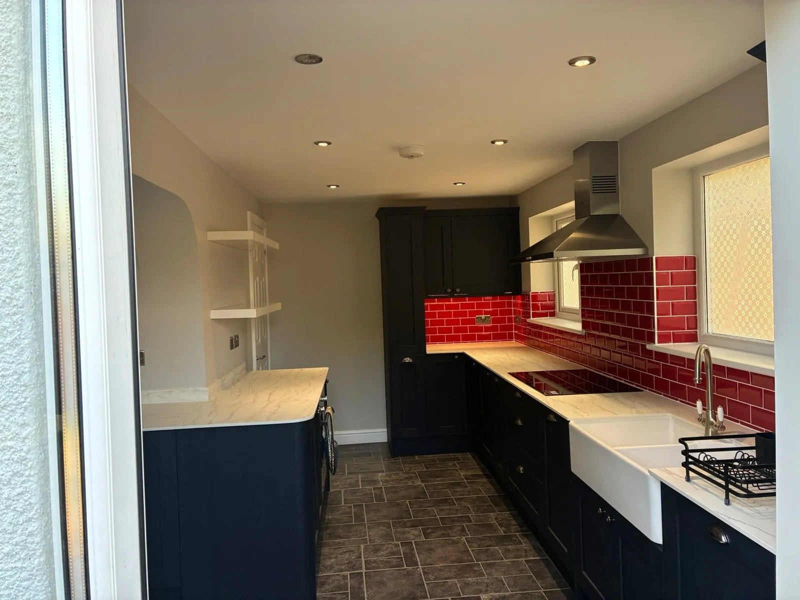 Navy shaker kitchen red metro tiles 01 – kitchen fitting by JCK Carpentry & Building, Exeter