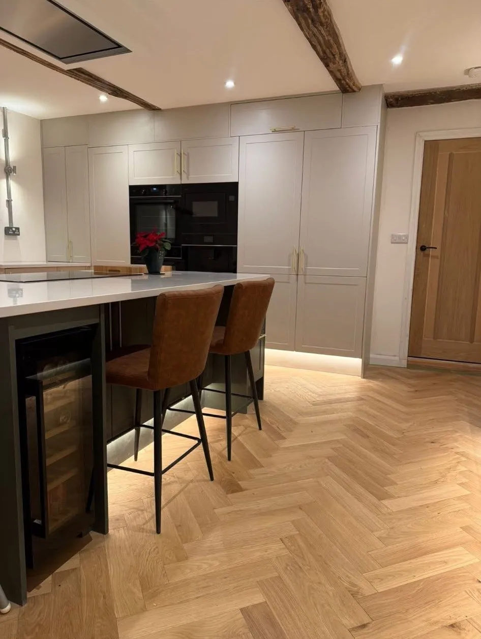 Herringbone oak flooring kitchen 02 – kitchen fitting by JCK Carpentry & Building, Exeter